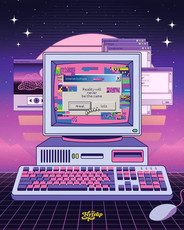 Illustration: A desktop computer in very '80s shades of pink and purple. 