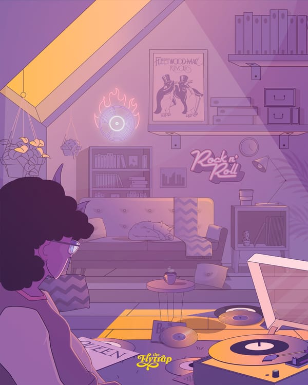 Illustration: Nicole listening to records, with a cat curled up on the couch.