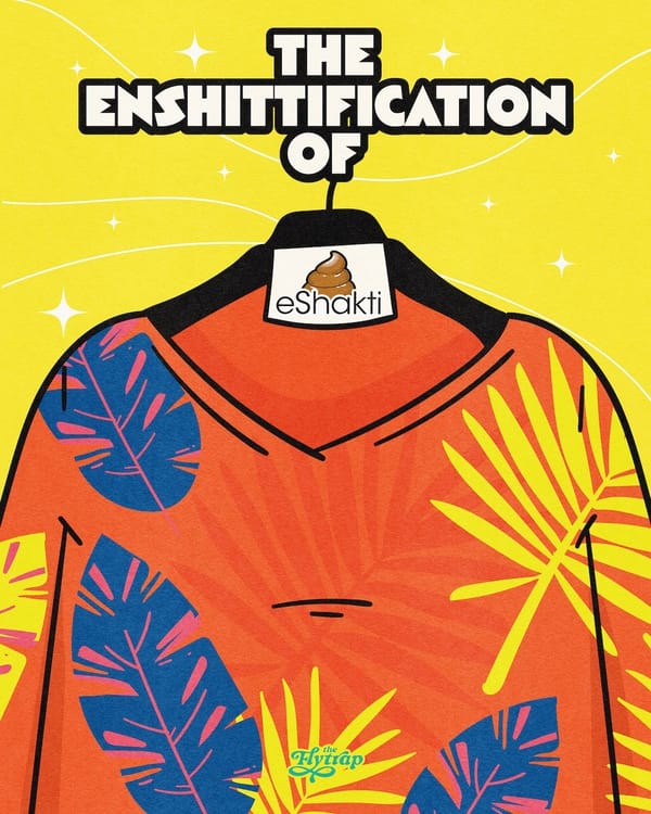 Illustration: A tropical-print shirt with an eShakti tag and the words "The Enshittification of eShakti"