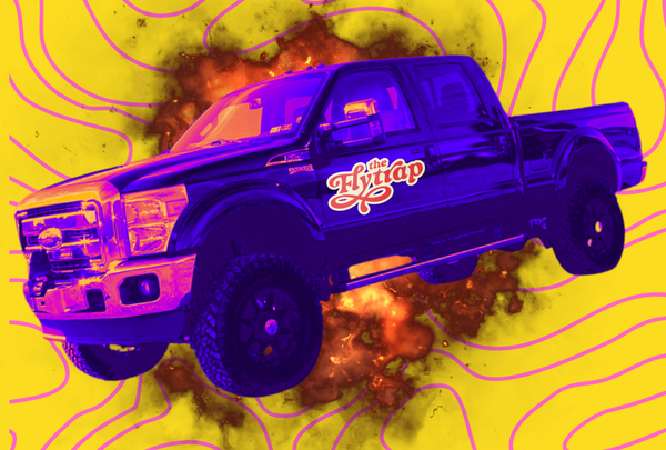 Photo illustration: A hot pink and purple pavement princess with The Flytrap's logo on the door tearing up the streets.