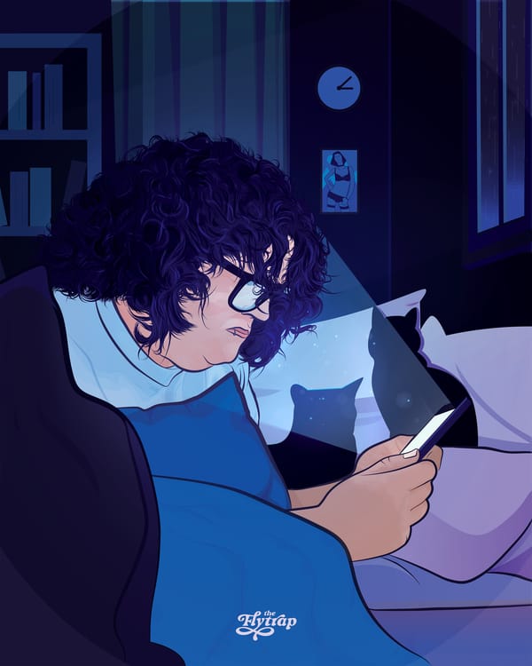Illustration in dark shades of blue and purple: s.e. in bed, watching TikTok. 