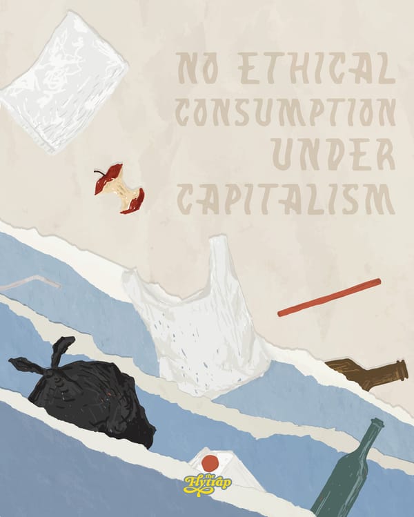 Illustration: Waves of garbage washing up on a beach. 