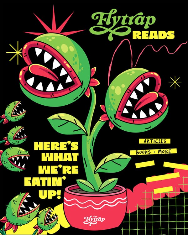 An illustration of a flytrap chomping the words "Flytrap Reads."